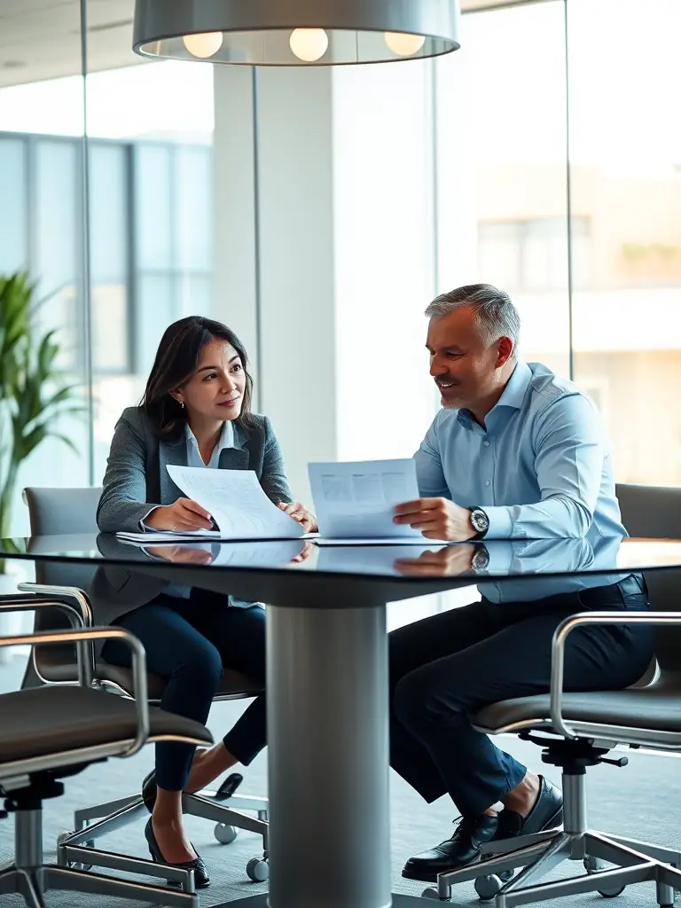 A professional meeting between a financial advisor and a client reviewing financial documents, symbolizing wealth management services.