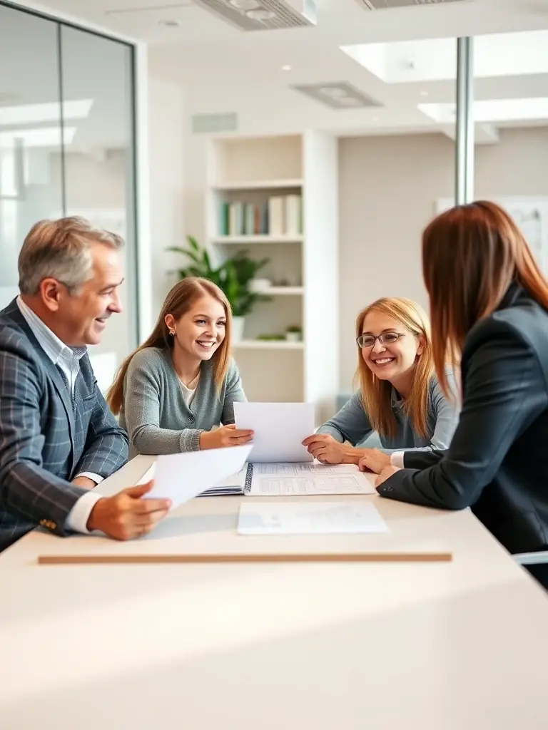 A family discussing financial plans with a consultant in a modern office setting, illustrating personalized financial planning.