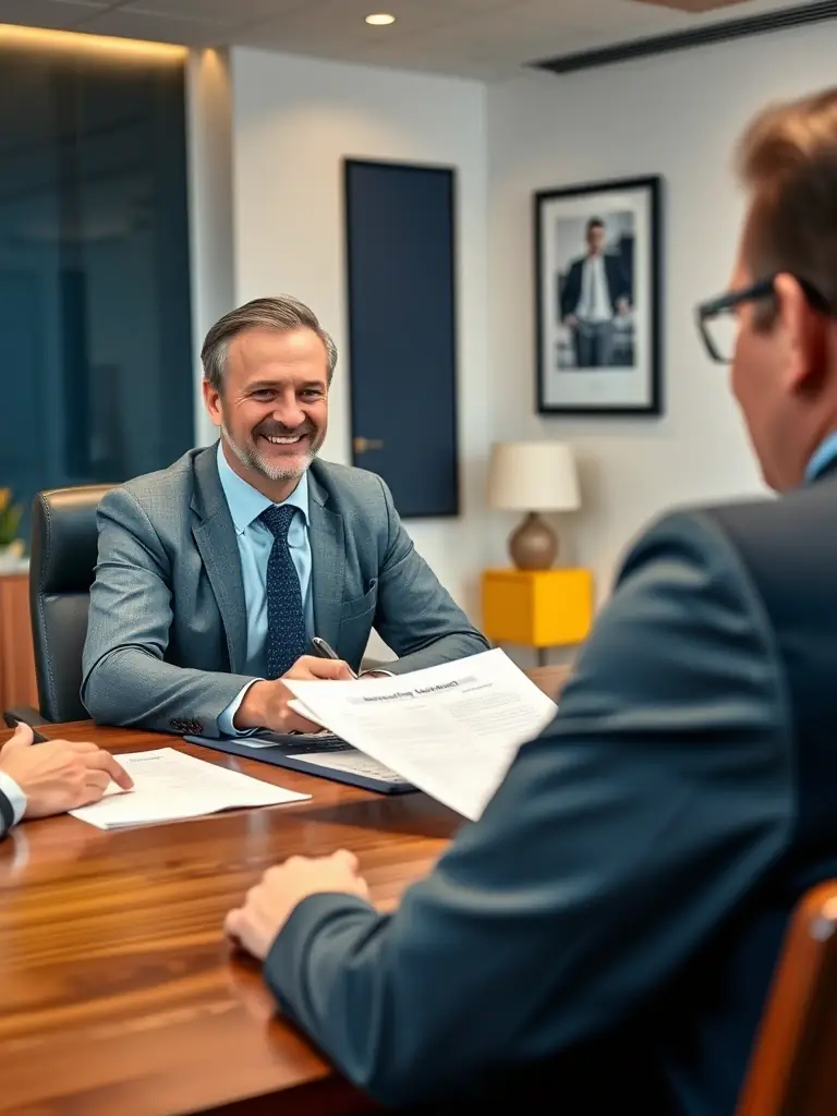 A professional advisor in a suit, reviewing financial documents with a client in a modern office setting, symbolizing personalized investment strategies.