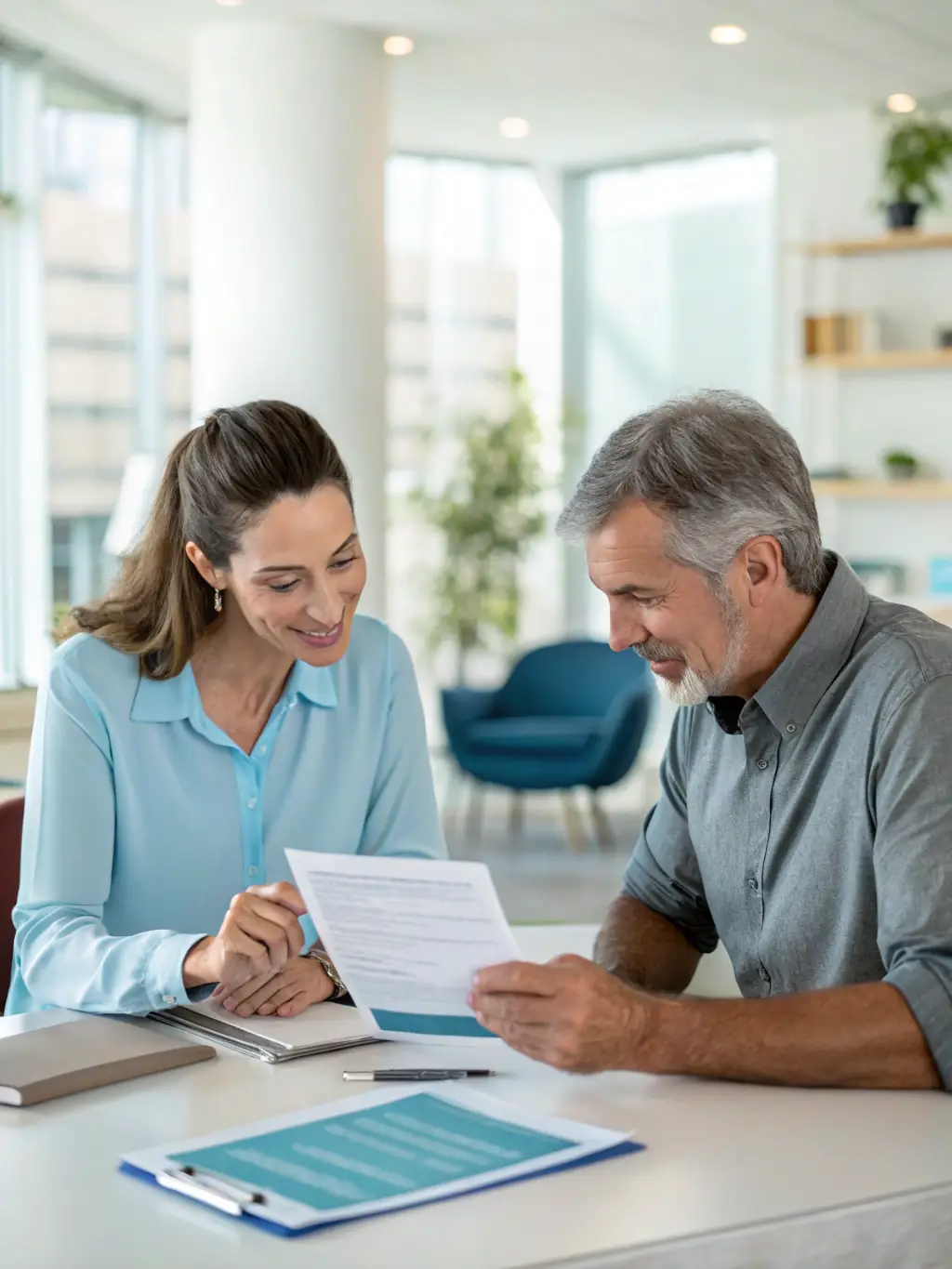 A consultant discussing retirement plans with a client, illustrating personalized financial planning services.