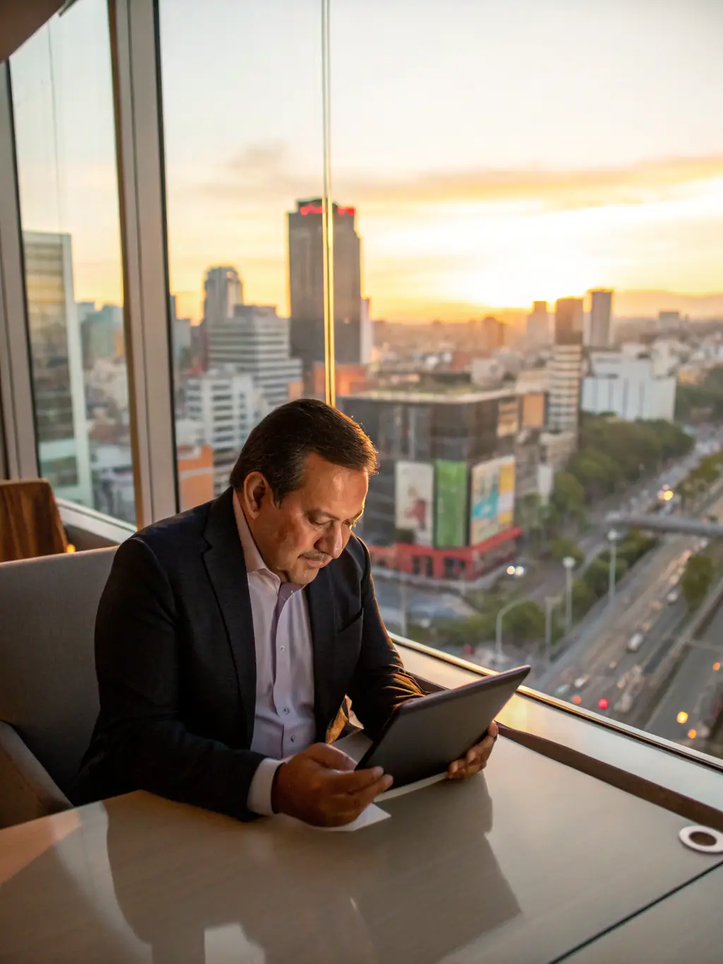 An image of a financial advisor analyzing investment charts with a Mexican cityscape in the background, representing investment strategies tailored for Mexico.
