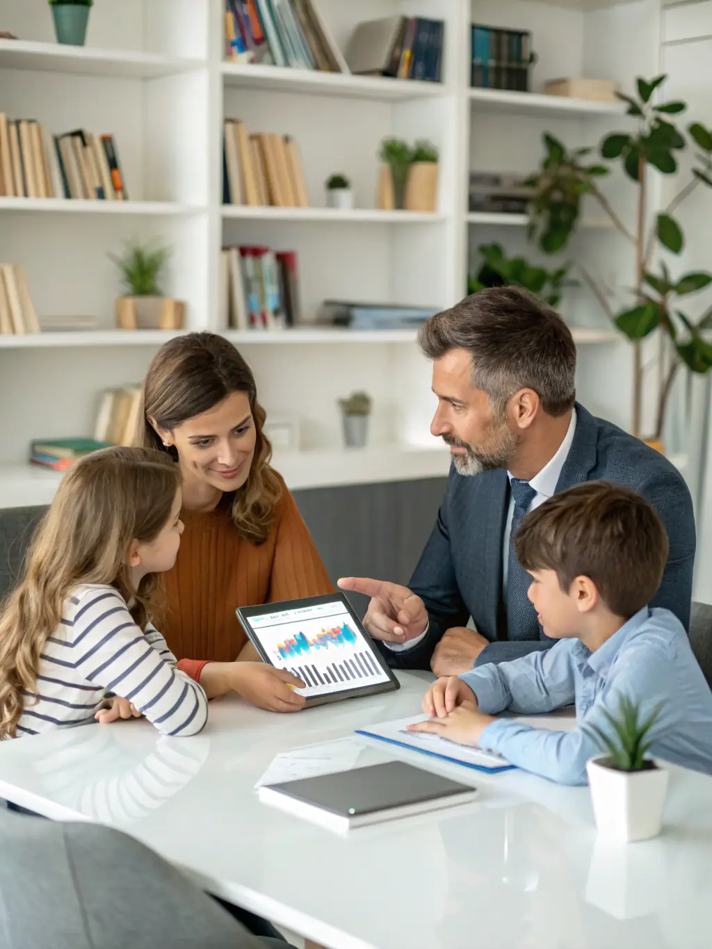 A family happily planning their future finances with a consultant, representing comprehensive wealth management services.
